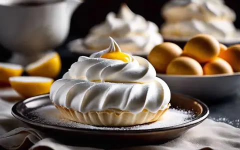 Tartelette garnie d'une généreuse meringue italienne, surmontée d'une touche de jaune d'œuf. Des citrons et des œufs sont disposés en arrière-plan.