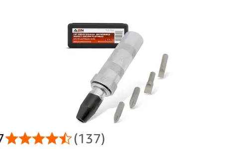 Partes de un destornillador de impacto manual: mango moleteado, punta y varios bits intercambiables.