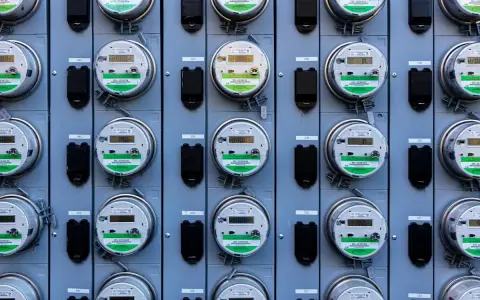 Rząd liczników energii elektrycznej, zgodnych z dyrektywą MID, z cyfrowymi wyświetlaczami i zielonymi etykietami.