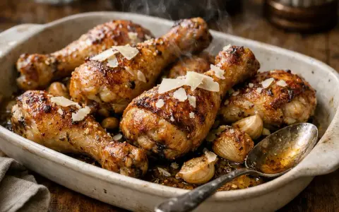 Délicieux pilons de poulet rôtis, parsemés de copeaux de parmesan et accompagnés d'ail confit, fumant dans un plat en céramique.