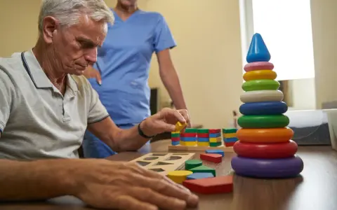 Esempi di terapia occupazionale anziani: un uomo anziano gioca con blocchi colorati, aiutato da un'infermiera.