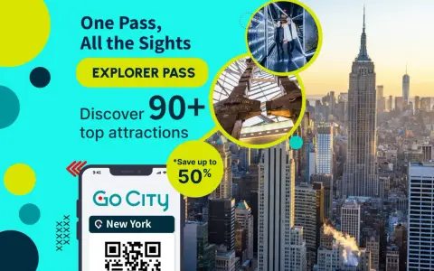 New York skyline with Empire State Building, phone showing Go City app, and circular images of attractions.