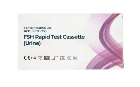 FSH Schnelltest-Kassette für Urin. Ein Selbsttest, der bei der Erkennung von Wechseljahre-Anzeichen helfen kann.