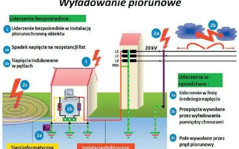 Schemat ilustruje skutki uderzenia pioruna, w tym przepięcia w instalacji elektrycznej i sieciach informatycznych.