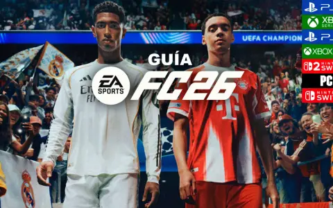 Dos futbolistas, uno con camiseta del Real Madrid y otro del Bayern Múnich, posan ante una multitud. El logo de EA SPORTS FC 26 aparece en grande.