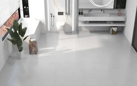 Salle de bain moderne avec baignoire, douche, lavabo et toilettes, le tout sur un sol en dalle pvc ou carrelage blanc.
