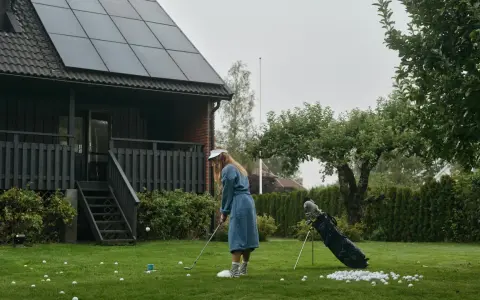 En flicka övar golf framför ett hus med solceller på taket. Solceller ger ren energi.