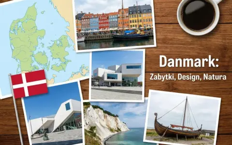 Kawa i Danii: ciekawostki o zabytkach, designie i naturze. Mapa, flaga, kolorowe kamienice, nowoczesne budynki, klify i łódź wikingów.