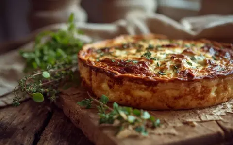 Une quiche dorée, spécialité culinaire du Grand Est, garnie d'herbes fraîches, sur une planche en bois rustique.