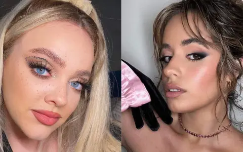 Dos looks de maquillaje: uno con delineados aesthetic de pedrería y otro con un ahumado oscuro y labios rosados.