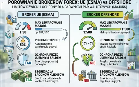 Porównanie brokera UE (ESMA) i brokera offshore: dźwignia, stop out, ochrona przed ujemnym saldem i segregacja środków.