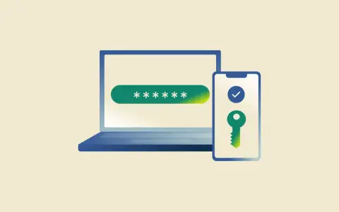 Laptop z polem na hasło i telefon z kluczem symbolizującym zabezpieczenie 2FA.