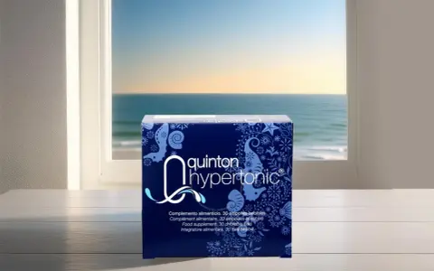 Boîte de Quinton Hypertonic, complément alimentaire, avec une composition marine. La vue sur la mer par la fenêtre évoque la pureté de l'eau de Quinton.