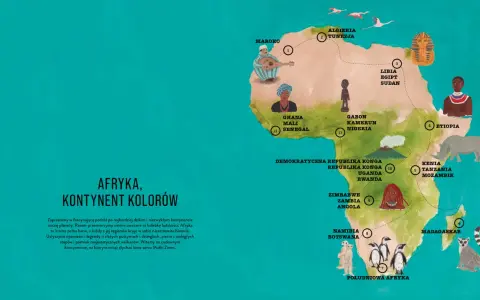 Ilustracja mapy Afryki z zaznaczonymi krajami i wizerunkami ludzi, zwierząt i zabytków. Widać tu m.in. plemiona afrykańskie, faraona, nosorożca i pingwiny.