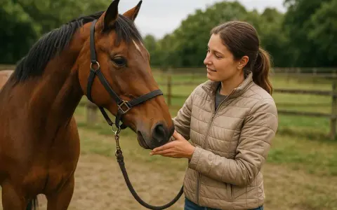 Une cavalière caresse un cheval brun, un moment de complicité qui témoigne d'un bon niveau équitation.