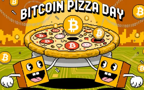 Dwie postacie w kształcie pudełka z uśmiechem świętują Dzień Pizzy Bitcoin. Na pizzy widnieją symbole Bitcoin, nawiązując do historii Laszlo Hanyecz.
