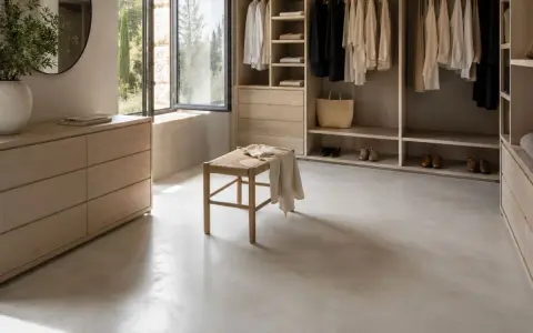 Un dressing lumineux avec un meuble en béton ciré, des vêtements suspendus et un banc en bois.