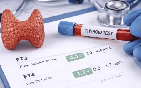 Wyniki badań tarczycy: FT3 4.0, FT4 1.3. Model tarczycy i probówka z krwią do testu.
