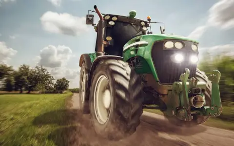 Zielony traktor pędzi po polnej drodze, gotowy do pracy. To maszyna rolnicza, której zakup jest ważną umową kupna sprzedaży.