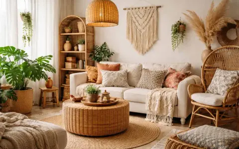 Przytulny salon w stylu boho: plecione meble, mnóstwo roślin i makrama na ścianie tworzą relaksującą atmosferę.