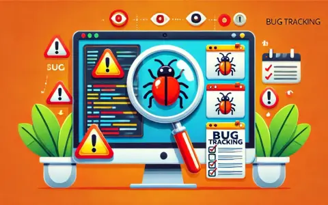 Grafika przedstawia proces śledzenia błędów (bug tracking) w informatyce. Na ekranie komputera widać lupę powiększającą czerwonego robaka, symbolizującego błąd. Wokół wyświetlane są ostrzeżenia i lista zadań do wykonania.