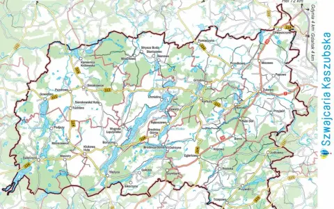 Mapa Szwajcarii Kaszubskiej z zaznaczonymi jeziorami, drogami i miejscowościami. Odkryj atrakcje regionu!