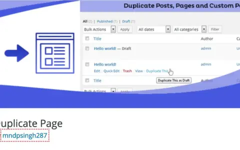 Icône montrant la duplication d'un article WordPress. L'interface WordPress affiche des options pour dupliquer un article.