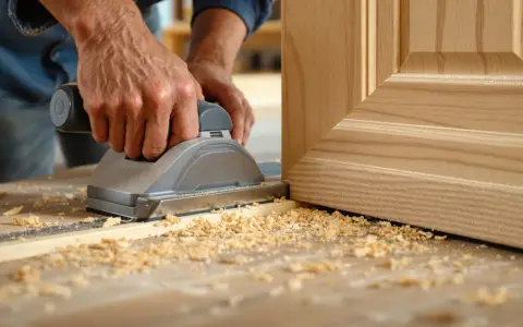 Un artisan utilise une ponceuse pour le détalonnage d'une porte en bois, créant des copeaux fins sur l'établi.