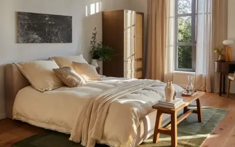 Habitación serena con cama beige, armario de madera y ventana con cortinas. Ideas decoracion habitacion: arte abstracto, plantas y luz natural.