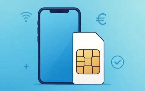 Smartphone und SIM-Karte vor blauem Hintergrund mit Icons für WLAN, Euro und Haken.