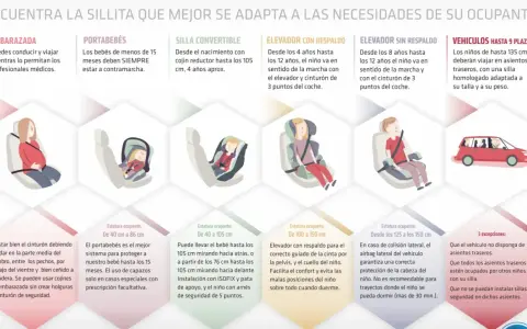 Guía de sillas de coche para diferentes edades y estaturas de niños, desde portabebés hasta elevadores.