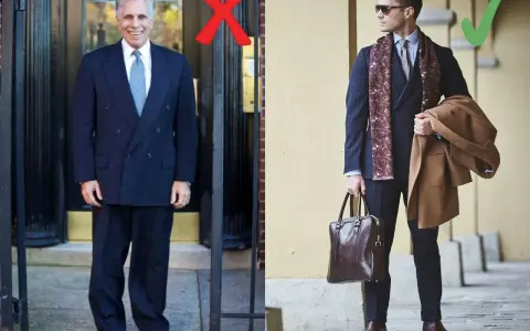 Elegancki mężczyzna w garniturze i szalu, z płaszczem w ręku, prezentuje nowoczesny styl marynarski. Obok nieudany przykład.