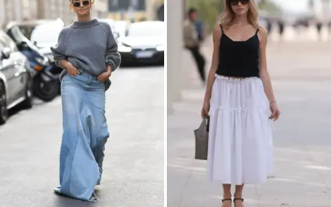 Kobiety prezentują różne stylizacje, pokazując, jakie buty do długiej spódnicy pasują. Jedna w jeansowej maxi, druga w zwiewnej białej.