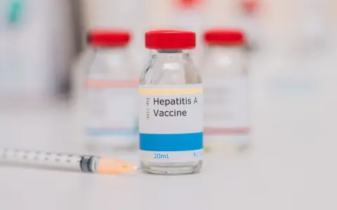 En spruta ligger framför en flaska med Havrix vaccin mot Hepatit A.