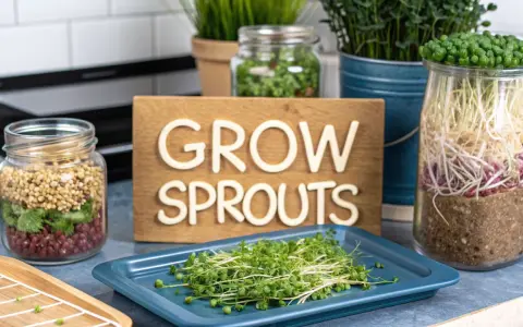 Freshly grown sprouts are displayed on a blue tray, with jars of seeds and growing sprouts in the background. The sign "GROW SPROUTS" is visible.