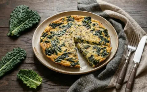 Frittata con cavolo nero, un piatto rustico e saporito, pronto per essere gustato. Accanto, foglie fresche di cavolo nero e posate d'argento.
