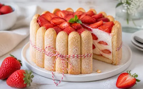 Eine köstliche Erdbeer Charlotte, umhüllt von Löffelbiskuits und dekoriert mit frischen Erdbeeren und Minze.