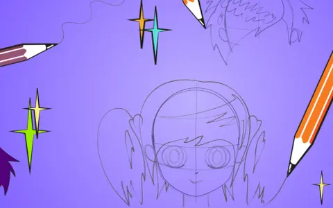 En illustration som visar hur ritar man ett ansikte, med blyertspennor och stjärnor på en lila bakgrund.