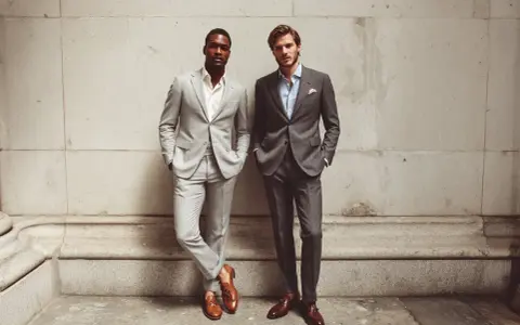 Due uomini eleganti in abito grigio uomo, uno con camicia bianca, l'altro con camicia azzurra. Scarpe marroni completano il look.