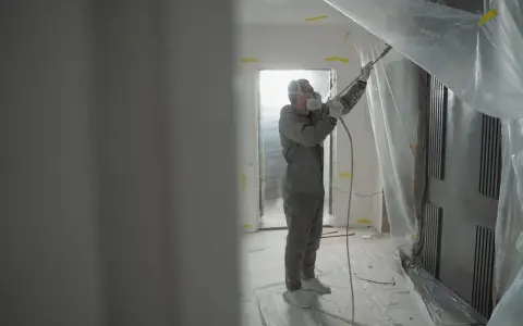 Pracownik w kombinezonie i masce maluje ściany agregatem. Świetny pomysł na ściany bez gładzi, tworząc nowoczesny efekt.