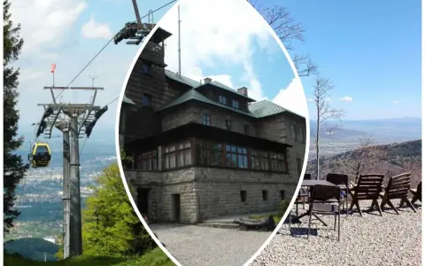 Widok na szlak na Szyndzielnię: kolejka gondolowa, kamienny budynek schroniska i taras z widokiem na góry.