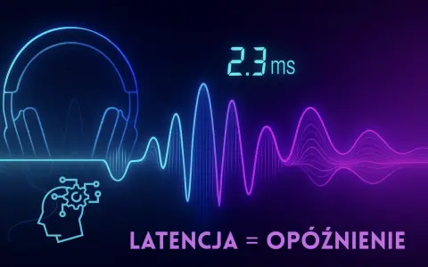 Słuchawki i wykres fali dźwiękowej. 2.3 ms to czas reakcji, czyli latencja co to jest.