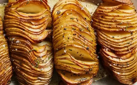 Krispiga hasselbackspotatisar, perfekt för ett enkelt hasselbackspotatis recept. Garnerade med örter och flingsalt.