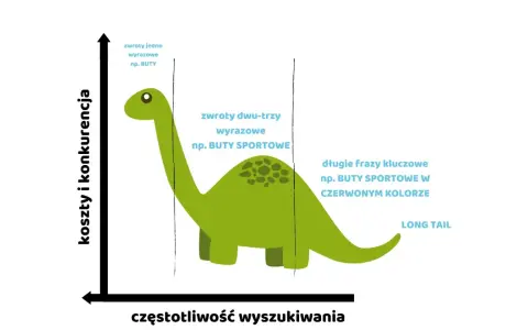 Grafika ilustruje pozycjonowanie long tail. Dinozaur pokazuje, że krótkie frazy (np. buty) mają dużą konkurencję, a długie frazy (np. buty sportowe w czerwonym kolorze) są mniej konkurencyjne.