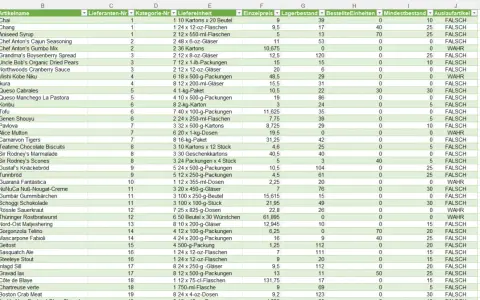 Excel-Bereich mit Artikeln, Preisen und Lagerbestand. Einige Artikel sind als "WAHR" markiert, was auf ihren Auslaufstatus hinweist.