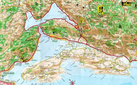 Zatoka Kotorska mapa: szczegółowy plan z zaznaczonymi miastami, drogami i punktami widokowymi.