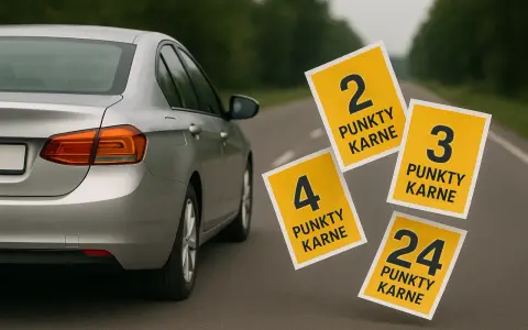 Srebrny samochód na drodze, obok unoszące się żółte karty z liczbami punktów karnych: 2, 3, 4, 24.