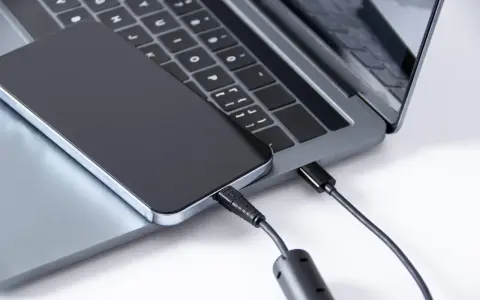 Ein iPhone wird über ein USB-C-Kabel mit einem Laptop verbunden, um Fotos zu übertragen.