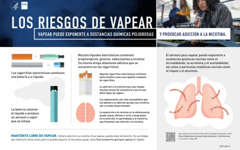 Los cigarrillos electrónicos contienen nicotina, que causa adicción. El aerosol puede dañar tus pulmones con químicos. Evita las consecuencias de fumar vaper.