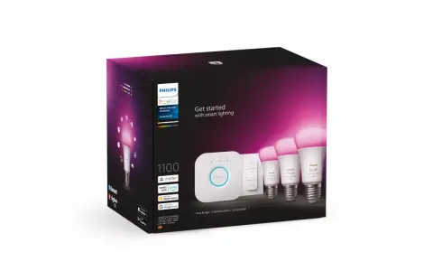 Philips Hue-paket med brygga, dimmer och tre färgade ljus. Styr belysningen enkelt, även med en Philips Hue timer.